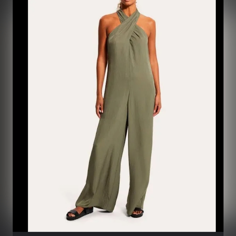 Theory Women's 6 NWT Halter Jumpsuit Willow Washed Twill Dark Faded Green